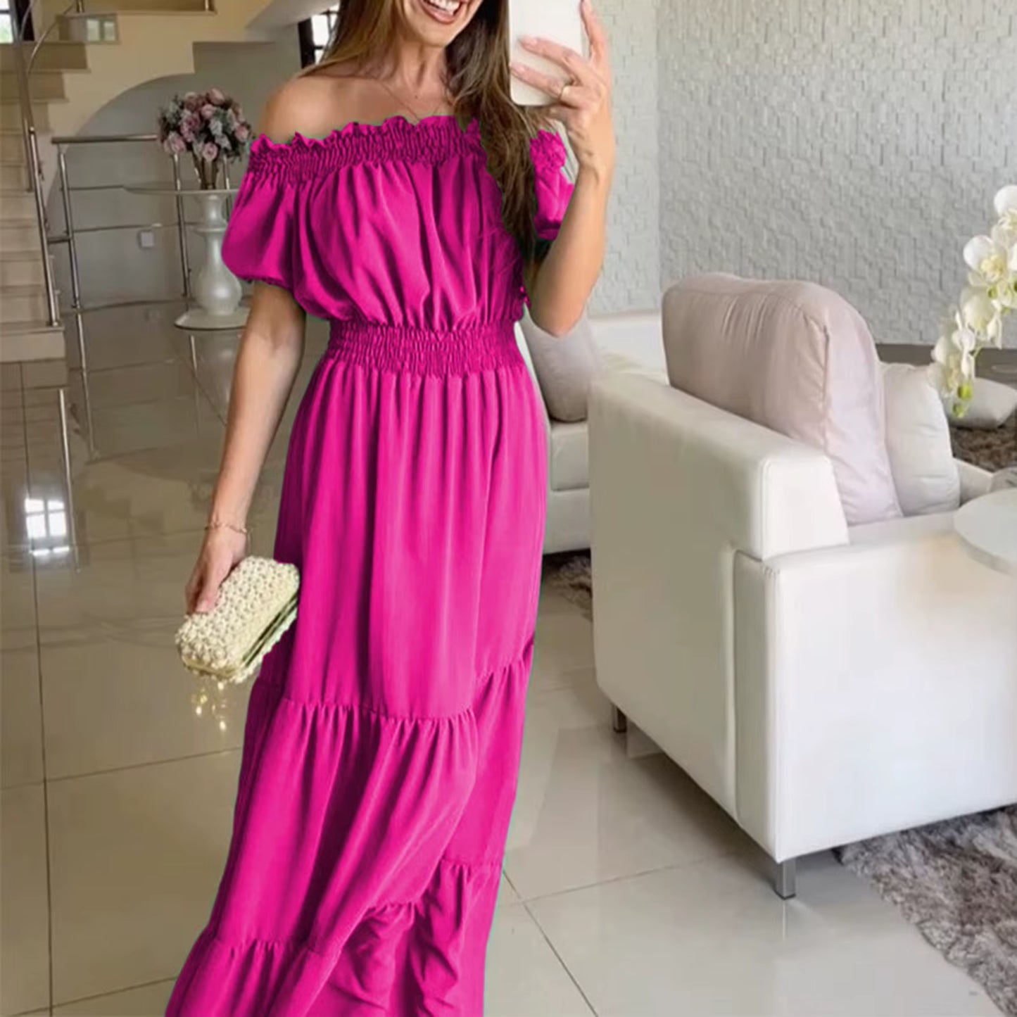 Boho Dresses for Women 2024 Summer Sexy off Shoulder Solid Color Flare Sleeve Tunic Dress Women Casual Mini Sundress Vestido